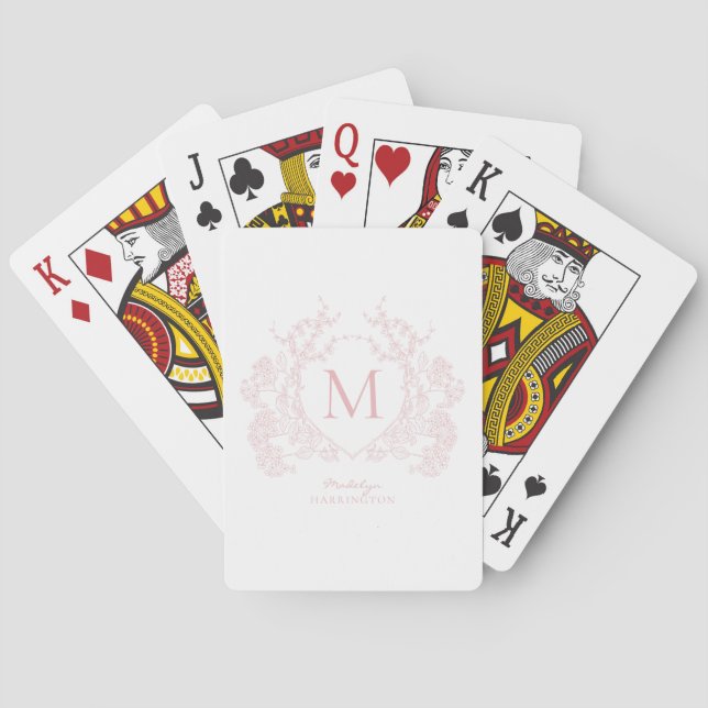 Classic Blush Pink Floral Crest Monogram Poker Cards (Back)