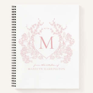 Classic Blush Pink Floral Crest Monogram Recipe Notebook