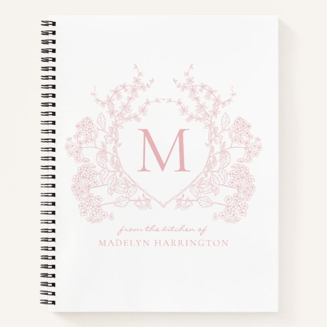 Classic Blush Pink Floral Crest Monogram Recipe Notebook (Front)