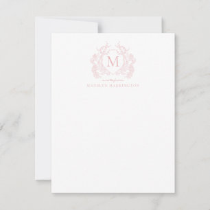 Classic Blush Pink Floral Vintage Crest Monogram Note Card