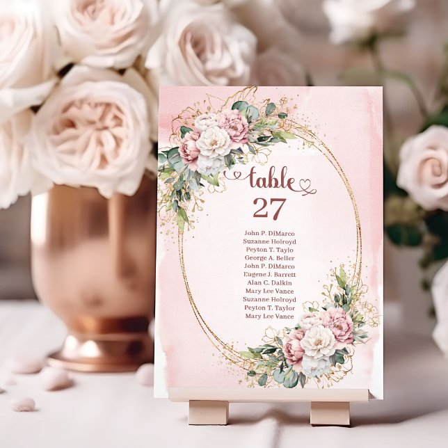 Classic Blush Pink Flowers Gold Glitter Table Sign Table Number (Classic Blush Pink Flowers Gold Glitter Table Numbers)