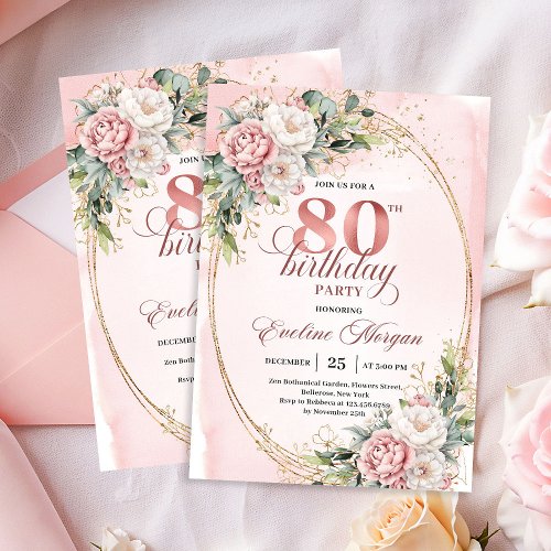 Classic Blush Pink Flowers Greenery 80th Birthday