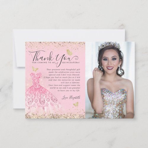 Classic Blush Pink Gold Glitter Quinceanera 2Photo Thank You Card