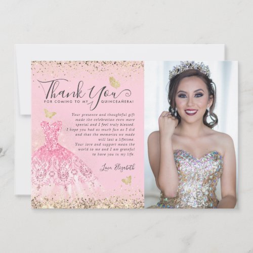 Classic Blush Pink Gold Glitter Quinceanera Photo Thank You Card