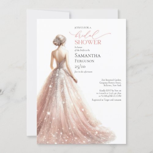 Classic blush pink sparkly wedding dress lux invitation