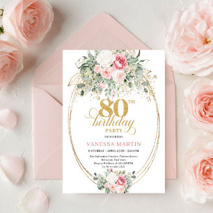 Classic Blush Roses Greenery Gold 80th Birthday Invitation