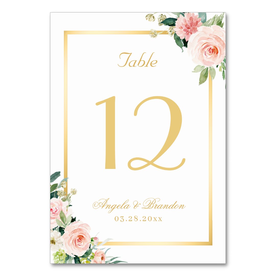 Classic Blushing Pink Floral Gold Frame Wedding Table Number | Zazzle