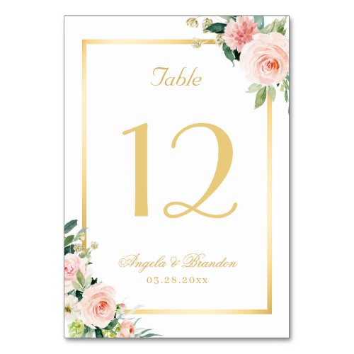 Classic Blushing Pink Floral Gold Frame Wedding Table Number