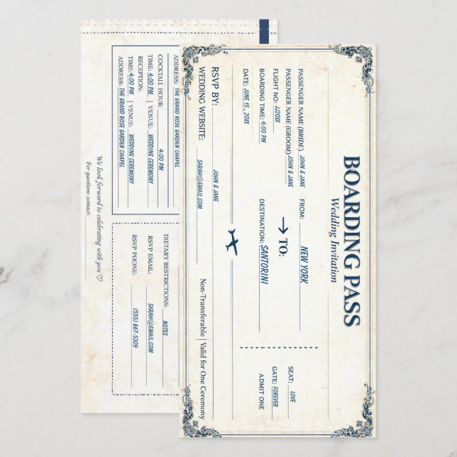 Classic  Boarding Pass Wedding Invite Customizable (Front/Back)