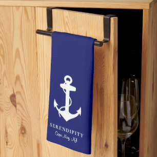 Classic Boat Anchor Monogram Navy Blue Kitchen Towel