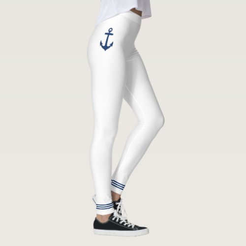 Classic Boat Anchor Navy Blue White Stripes Leggings