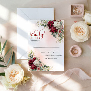 Classic Bohemian Burgundy and White Flowers Gold RSVP Card