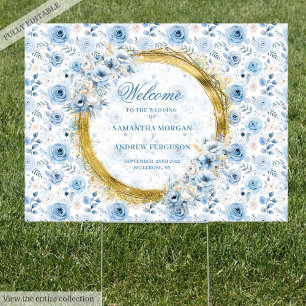 Classic bohemian dusty blue gold wedding yard sign
