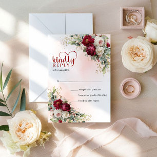 Classic Bohemian Maroon Gold Flowers Wedding RSVP Card