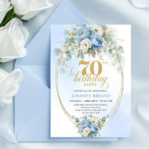 Classic Bohemian Pastel Blue Flowers 70th Birthday Invitation
