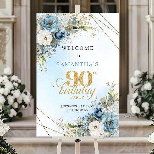 Classic boho blue florals eucalyptus 90th birthday poster (Classic boho blue florals eucalyptus 90th birthday sign

)