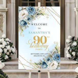Classic boho blue florals gold frame 90th birthday poster