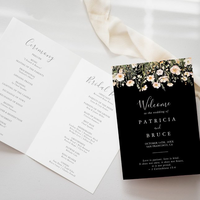 Classic Boho Blush Wildflower Black Folded Wedding Program (Creator Uploaded)