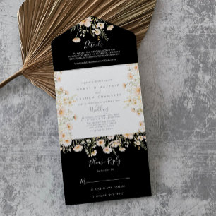 Classic Boho Blush Wildflower Black Wedding     All In One Invitation
