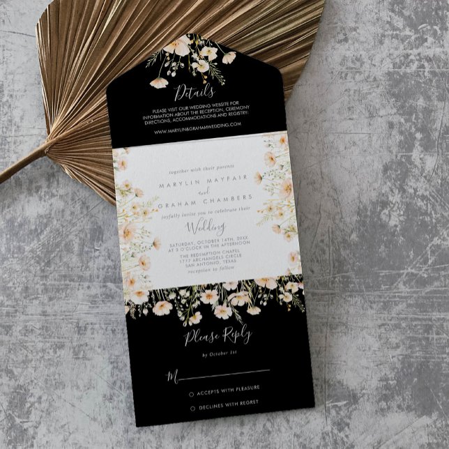 Classic Boho Blush Wildflower Black Wedding     All In One Invitation (Creator Uploaded)