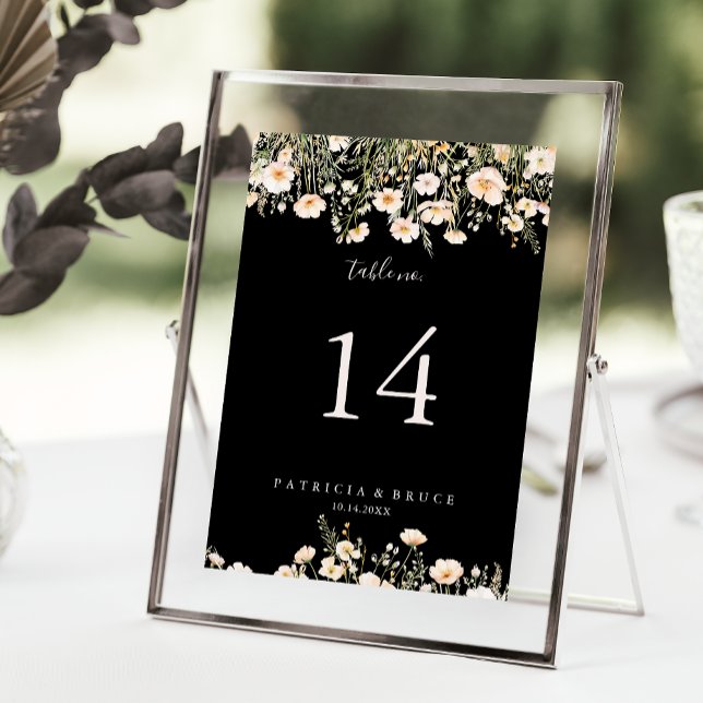 Classic Boho Blush Wildflower Black Wedding Table Number (Creator Uploaded)