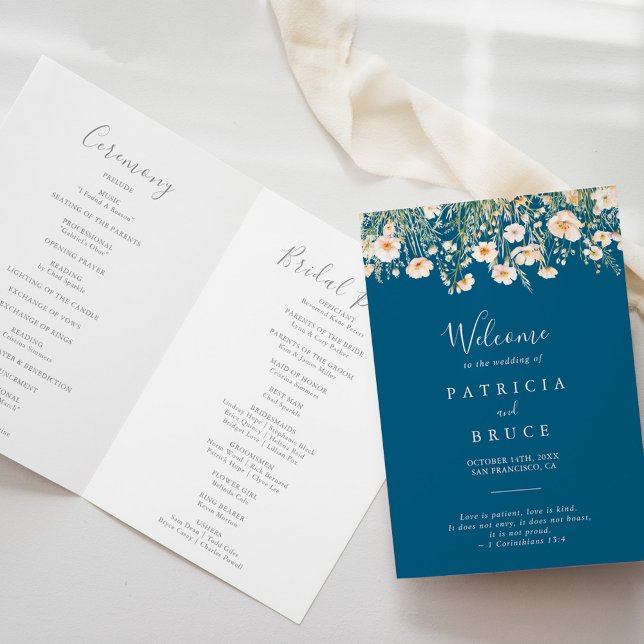 Classic Boho Blush Wildflower Folded Wedding Program (Creator Uploaded)