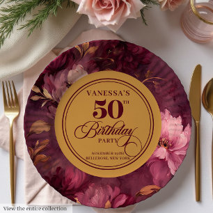 Classic Boho Burgundy Blush Gold 50th Birthday Paper Plates