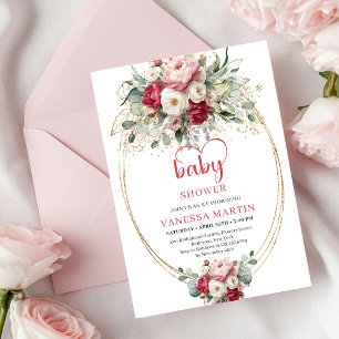 Classic Boho Burgundy Blush Gold Floral Baby Showe Invitation