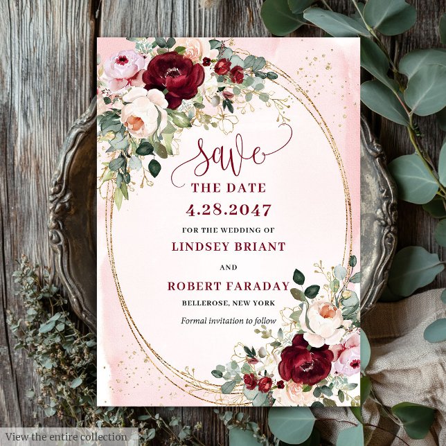 Classic Boho Burgundy Blush Gold Roses Save Date Invitation (Classic Boho Burgundy Blush Gold Roses Save Date)