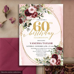 Classic Boho Burgundy Blush Roses 60th Birthday Invitation