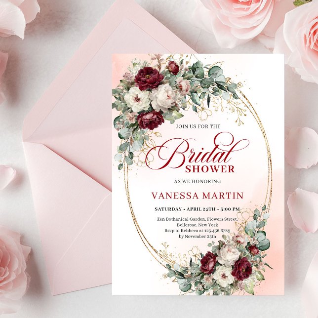 Classic Boho Burgundy Flowers & Gold Bridal Shower Invitation (Classic Burgundy Flowers & Gold Bridal Shower Invitation)