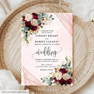 Classic Boho Burgundy Gold Blush Flowers Wedding Invitation