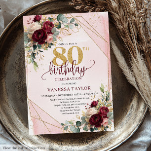 Classic Boho Merlot Gold Flowers 80th Birthday Invitation