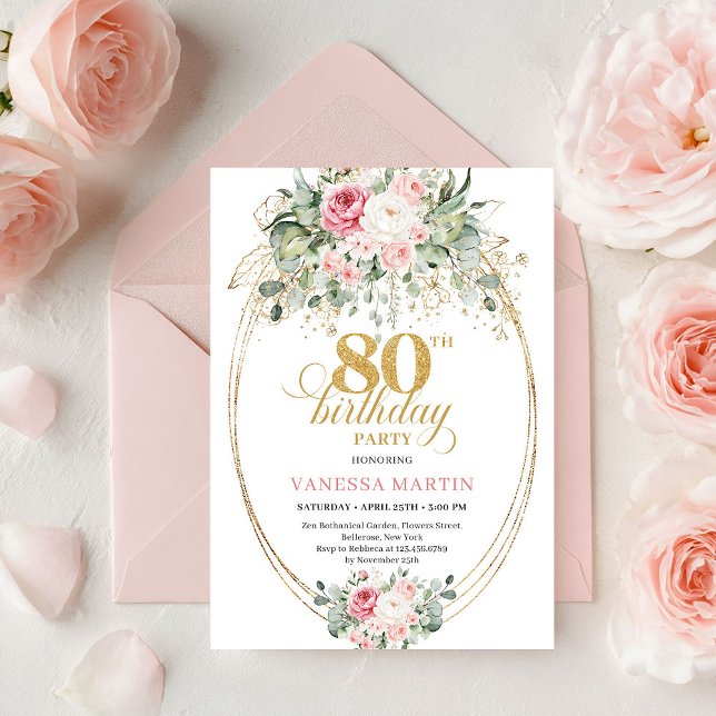 Classic Boho Minimalist Blush Floral 80th Birthday Invitation (Classic Minimalist Blush Floral 80th Birthday Invite

)