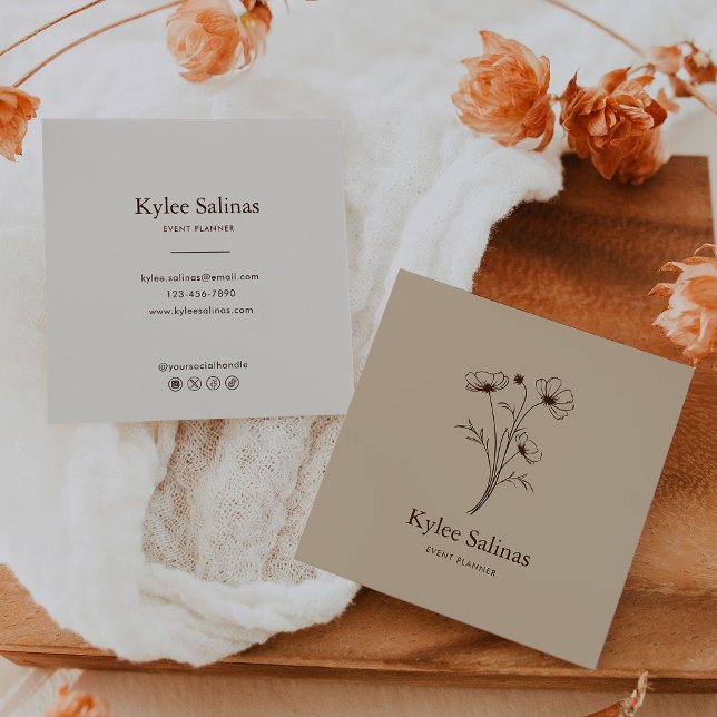 Classic Boho Minimalist Floral Event Planner  Square Business Card (Creator Uploaded)