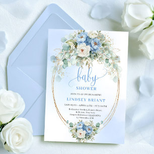 Classic Boho Pastel Blue Flowers Baby Shower Gold Invitation