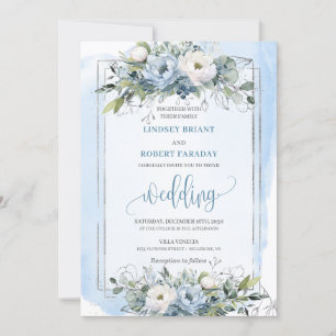 Classic Boho Pastel Blue Silver Roses Wedding Invitation
