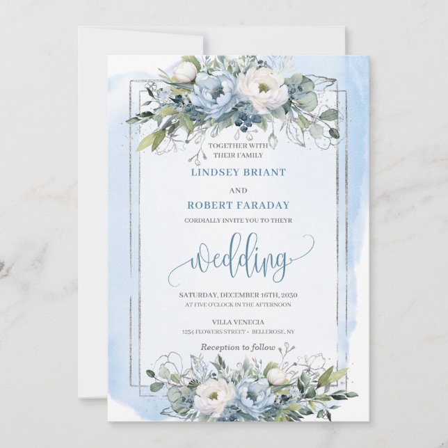 Classic Boho Pastel Blue Silver Roses Wedding  Invitation (Front)