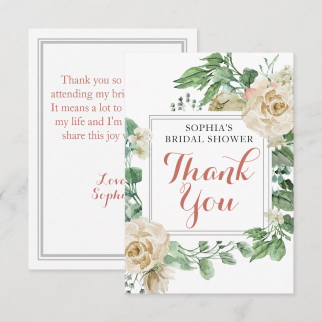 Classic Boho Rose Floral Bridal Shower Thank You Card (Front/Back)