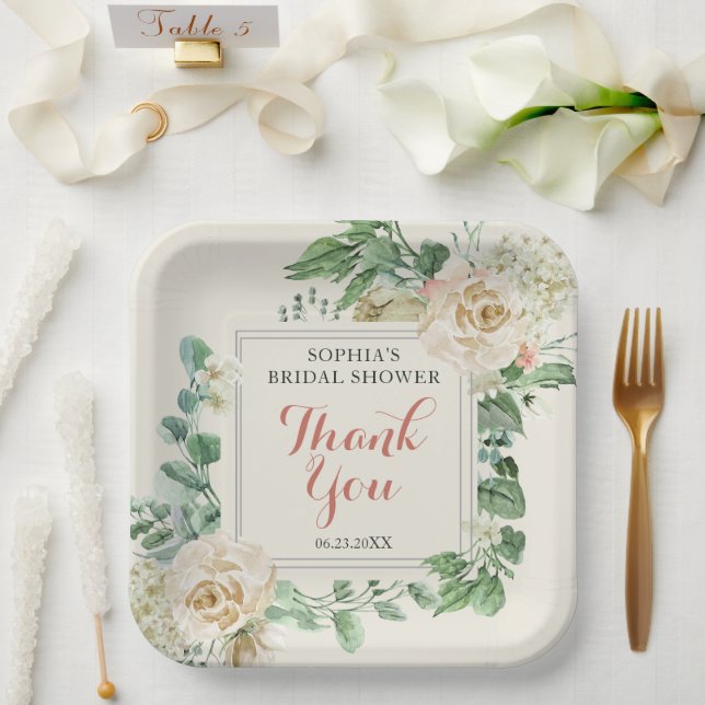 Classic Boho Rose Floral Bridal Shower Thank You Paper Plates (Wedding)
