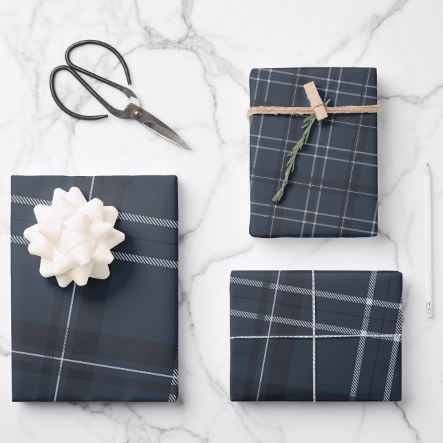 Classic bold holiday plaid navy blue wrapping paper sheets (Front)