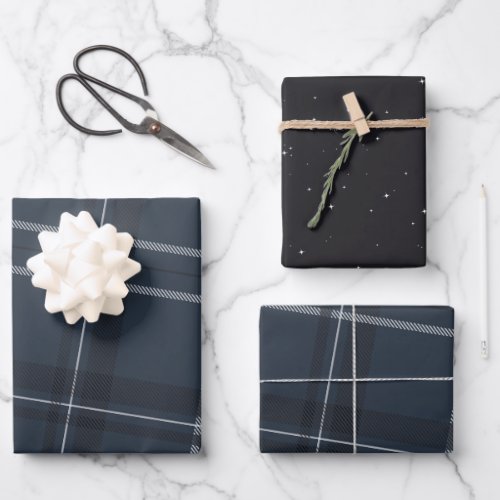 Classic bold navy blue plaid and stars wrapping paper sheets