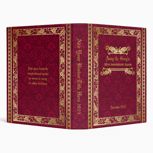 Classic Book Cover Gold Foliage Crimson Damask 3 Ring Binder