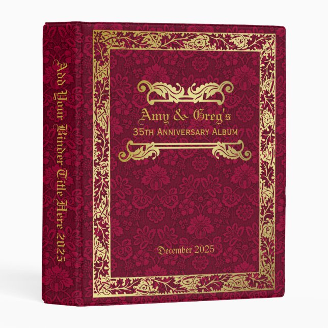 Classic Book Cover Gold Foliage Crimson Damask Mini Binder (Front/Spine)