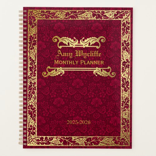 Classic Book Cover Gold Foliage Crimson Damask Planner