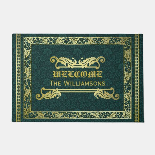 Classic Book Cover Gold Foliage Green Damask Doormat