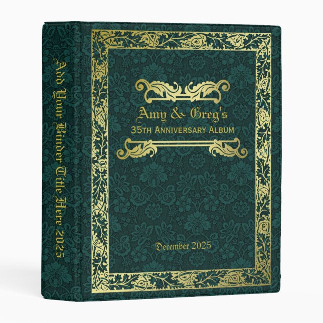 Classic Book Cover Gold Foliage Green Damask Mini Binder (Front/Spine)