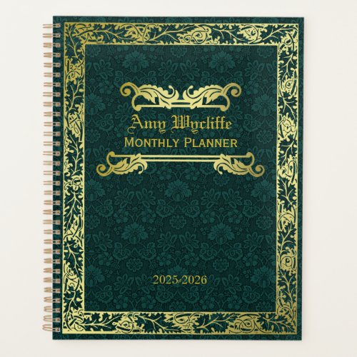 Classic Book Cover Gold Foliage Green Damask Planner