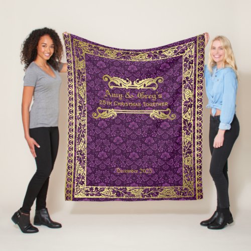 Classic Book Cover Gold Foliage Purple Damask Fleece Blanket