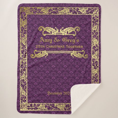 Classic Book Cover Gold Foliage Purple Damask Sherpa Blanket